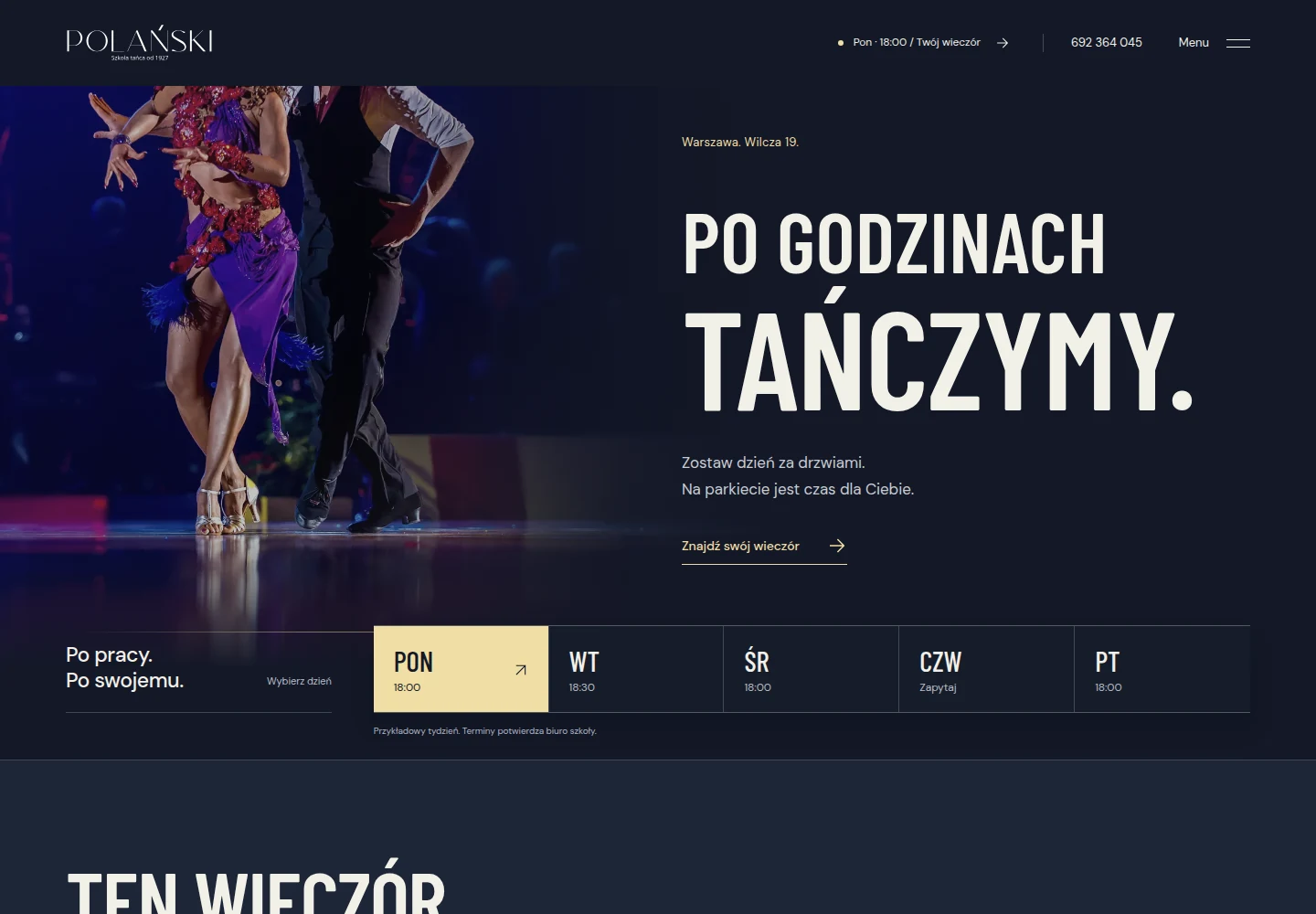 Granatowa strona z jasną mocną typografią, fotografią parkietu i wyborem wieczoru